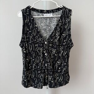 Nicole Miller New York Sleeveless V Neck Button Front Linen Lyocell Blend Top XL